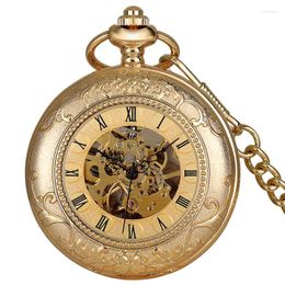Pocket Watches Top Luxury Golden Steampunk Mens Watch Double Opening Mechanical Sekeleton Hand Winding Roman Numbers With 38cm Hook Chain