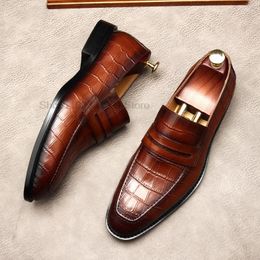 Dress Shoes Men's Crocodile Pattern Loafers Genuine Leather Elegant Wedding Party Casual Brown Black Slip-On Male Footwear