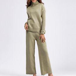 Women's Two Piece Pants Women Pullover Knit Tops & Palazzo Pant Casual Sweater Straight Leg Suit Loose Cozy Comfy Loungewear