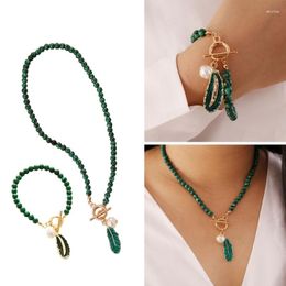Necklace Earrings Set Novelty 2x Malachite Drop Oil Jewelry Decoration Green Color Stone Pendant Vintage Alloy Leaves Pearl Bracelet 40GB