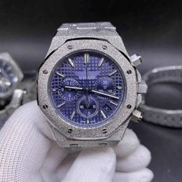 Quartz Vk movement watch Multi-function chronograph High quality frosted silver stainless steel mens designer watches blue face 228t