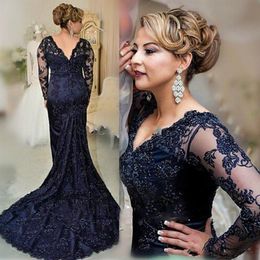 Plus Size Long Sleeve Navy Blue Lace Mother Of The Bride Dresses 2019 V Neck Beads Women Party Evening Gowns Wedding Guest Gowns227t
