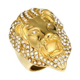 Lujoyce HIPhop Lion Head Ring Micro Pave Rhinestone Iced Out Bling Mens Ring IP Gold Filled Titanium Stainless Steel Rings for Men259t