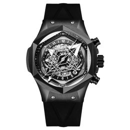 Wristwatches Mens Luxury Watches Men Automatic Mechanical Wristwatch Luminous Skeleton Month Week Date Hexagonal Bezel Rubber Stra3127