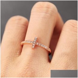 Cluster Rings Cross Ring For Women Korean Fashion Micro-Inlaid Zircon Dainty Rose Gold Plated Crystal Finger Accessories Jewelry R715 Dhu7C