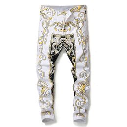 Sokotoo Men's Slim Print Jeans Fashion Flower Straight White Denim Pants Long Trousers3330