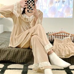 Women's Sleepwear Autumn And Winter Nightgown Golden Velvet V-neck Trousers Three-piece Set With Chest Pad Home Clothes