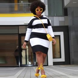 Plus Size Dresses L-4XL Women Stripe Printing Long Sleeve African Style Midi Dress Fashin Basic Side Slit T-shirt Slim