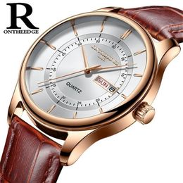 High Quality Rose Gold Dial Watch Men Leather Waterproof 30M Watches Business Fashion Japan Quartz Movement Auto Date Male Clock 2255f