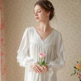 Women's Sleepwear Sweet Lace Cotton Night Dress Women Spring Fall Long Sleeve Peignoir Fairy White Nightwear Vintage Victorian Nightgown
