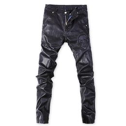 Autumn and winter new trendy black skull print leather pants slim Korean version of the motorcycle foot windproof pants men's266A