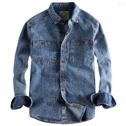 Men's Casual Shirts Vintage Distressed Denim Shirt For Man British Fashion Long Sleeve Mens Tees Jeans Cotton Work Suit US Brand