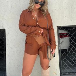 Women's Tracksuits Leisure Tie-up Solid Mini Shirt Dress Outfits Casual Fashion Long-sleeve Blouse Top & Shorts Set Women Loose Button