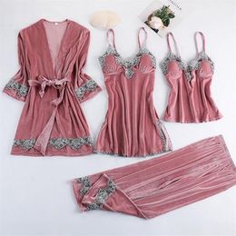 Women's Sleepwear 4PC Velvet Robe Sleep Suit Women Lace Pajamas Grown Set V-neck Cami Nighties Bathrobe Pijama Home Nightwear260N