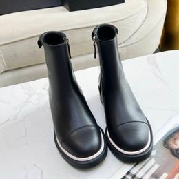 Winter New Boots Famous Women Designer Brand Metal Letter Winter Boots Genuine Leather Contrast Round Head Heel Elevated Side Zipper Short Sleeve Ladies Booties