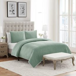 Bedding Sets Quinn Iceberg Green Pick Stitch Stripe Velvet 3-Piece Quilt Set