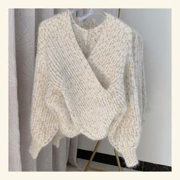 Women's Sweaters Japanese Soft Mixed Color Sexy V-neck Loose Cross Sweater Women Fall Winter Outwear Female Korean Gentle Long Sleeve