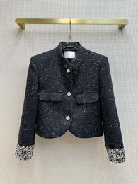 Women's Jackets Stand-up Collar Shimmering Sequin Tweed Woven Coat Two Pockets Perfect For A Slimming Top