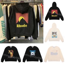 Tasarımcı Rhude Erkek Mektup Baskı Uzun Kollu Sıcak Y2K Hoodie Lüks Grafik Hoodies Sweater Hip Hop Gevşek Sweatshirts