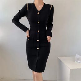Basic Casual Dresses New Autumn Winter Knitted Dress For Women Slim Small Fragrant Style Celebrity Sexy V-Neck Temperament Black Long Sleeved Dresses 2024