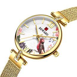 Elegant Charming REWARD Quartz Ladies Watch Glaring Watches Flowers and Birds Dial Womens INS Style Mineral Glass Glossy Mesh Stra196t