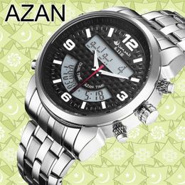 6 11 New Stainless Steel Led Digital Dual Time Azan Watch 3 Colors Y19052103292x