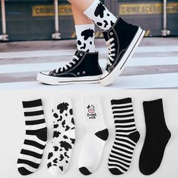 Women Socks 5 Pairs Harajuku Korean Style Student Cotton Striped Funny Cow Print Casual Novelty Fashion Crew Gifts