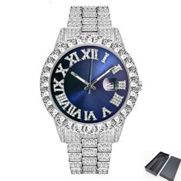 Drop Iced Out Watch Men Hip Hop Luxury Fully Bling Diamond Quartz Mens Watches Blue Face Waterproof CZ Relojes 2021 Wristwatches220P