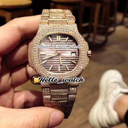 New 5711 5711 1A Brown Texture Dial Miyota Automatic Mens Watch Rose Gold Fully Iced Out Diamond Bracelet Sport Watches HWPP Hello222g