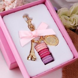 Keychains Effiel Tower Macarons Ribbon Woman Luxury Macarons Cake Keychain on Bag Charm Handbag Charms Car Keychain Gift Box1249k