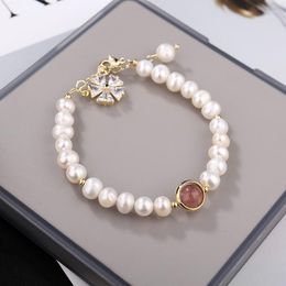 Charm Bracelets Minar INS Fashion 14K Gold Plated Copper Bling CZ Cubic Zirconia Flower Pink Crystal Freshwater Pearl For Women