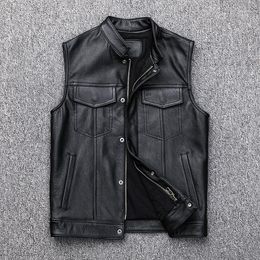 Men's Vests Autumn First Layer Cowhide Motorcycle Biker Black Vest Leather Sleeveless Jacket Women's Genuine Coat