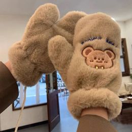 Soft Bear Embroidery Plush Gloves Women Winter Warm Thicken Fingerless Mittens Girls Students Outdoor Warmer Gift Hand Guards