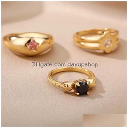 Rings Pink Zircon Five-Pointed Star Ring Flower Black Round Cubic Zirconia Gold For Woman Bride Knuckle Female Jewelry Drop Delivery Dha6X