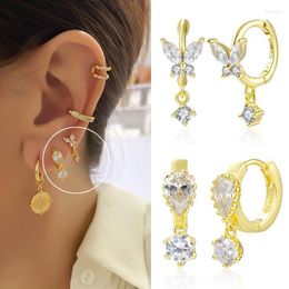 Hoop Earrings Butterfly For Women French Style Waterdrop Cubic Zirconia Gold Colour Cartilage Ear Buckle Aesthetic Jewellery KCE223
