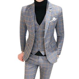 Men's Suits & Blazers Men Dress Pants Vest 3 Piece Set Male Wedding 2022 Autumn Business Formal Plaid Suit Luxury Slim Fit 3250