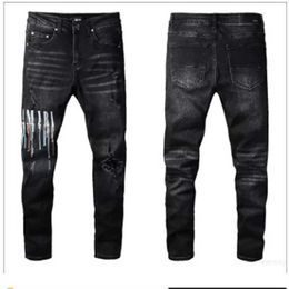 Men's Jeans Mens Designer High Elastics Distressed Ripped Slim Fit Motorcycle Biker Denim for Men s Fashion Black Pants#0308r3g