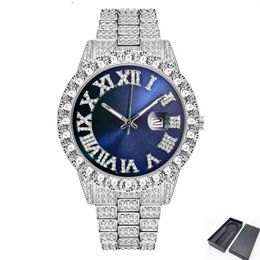 Drop Iced Out Watch Men Hip Hop Luxury Fully Bling Diamond Quartz Mens Watches Blue Face Waterproof AAA CZ Relojes 2021265Q