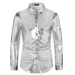 Men's Casual Shirts Shiny Glitter Sequin Long Sleeve For Men Nightclub Hip Hop Punk Stage Costume Street Blouse Red Blue Golden Silver