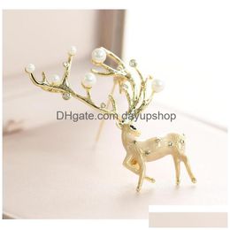 Pins Brooches Fashion Enamel Deer Brooch Female Alloy Pearl Elk Animal 2022 Charm Pin Gift Drop Delivery Jewellery Dhun1