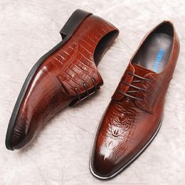 Dress Shoes Crocodile Pattern Mens Genuine Leather Oxford For Men Black Burgundy Lace Up Pointy Wedding Men's Formal