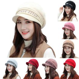 Berets Fleece Knitted Beret Winter Hat Women Korean Fashion Letter Wool Classic Sboy Girls Female Painter Cap