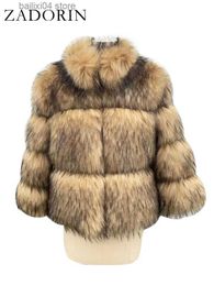 Women's Fur Faux Fur ZADORIN Luxury Winter Jacket Women Stand Collar Three-quarter Sleeve Fluffy Warm Faux Raccoon Fur Coat Cropped Jacket Tops Coats T231003