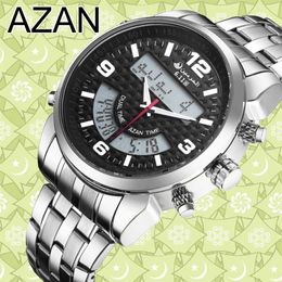 6 11 New Stainless Steel Led Digital Dual Time Azan Watch 3 Colours Y19052103202P