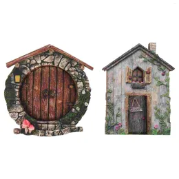 Garden Decorations 2 Pcs Dollhouse Windows Fairy Elf Door Wooden Tree Miniature Craft Trim Decoration