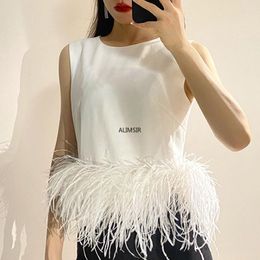 Camisoles & Tanks Corset Top Mujer Elegant Ostrich Feather Fringe Design Tank Round Neck Sleeveless Sexy Style Solid Colour Vest Trafza