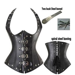 Women's Club Steampunk Shapers BIG PLUS SIZE Sexy Underbust Gothic Buckles Steel Boned PU Leather Look Halterneck Bustier Cor253A