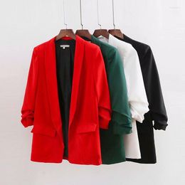 Women's Suits Ruched Cuff Women Spring Autumn Blazers Three Quarter Sleeve Office Lady Solid Suit Jacket Shawl Collar Pockets Coat For
