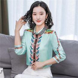 runway luxury retro silk satin shirt long sleeve spring autumn winter womens designer button tops slim office ladies printed blous2921