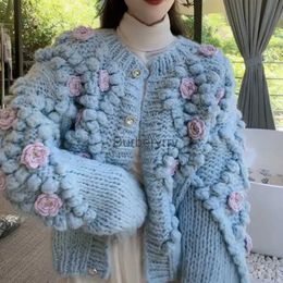 Women's Sweaters Harajuku Crop Knitted Cardigans Women 3D Flower Sweater Coat Sweet Single Breasted Knitwears Jackets Korean Loose Jumper OutwearL231004